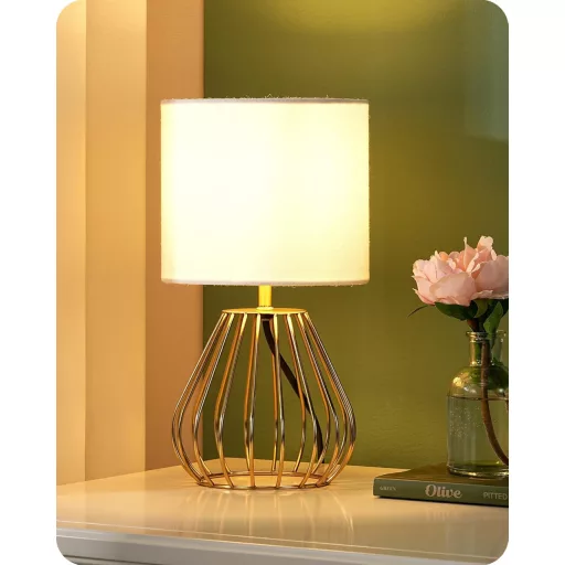 EDISHINE Modern Éjjeli Lámpa, Fehér Vászon Búrával és Arany Fém Alappal, E14 LED Izzóval, Hálószobába, Nappaliba