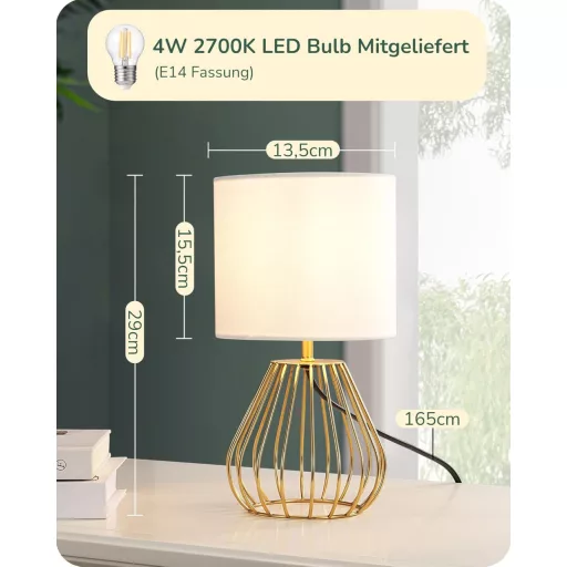 EDISHINE Modern Éjjeli Lámpa, Fehér Vászon Búrával és Arany Fém Alappal, E14 LED Izzóval, Hálószobába, Nappaliba