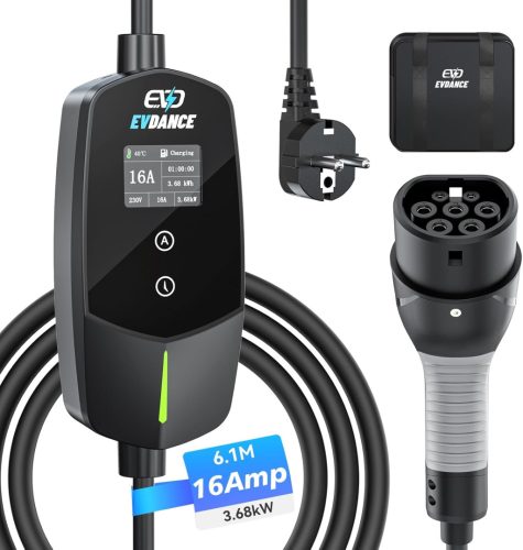 Cablu de încărcare auto electrică EVDANCE Tip 2, Schuko, 3,68 kW, 6,1 m, temporizabil 0-12 ore, monofazat, 6-16A, pentru vehicule electrice și hibride