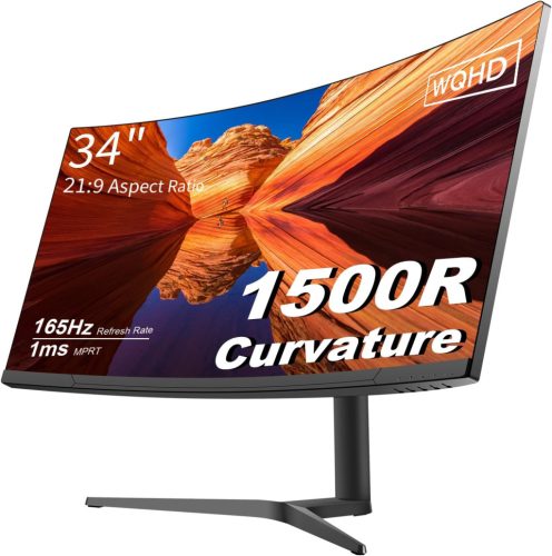 Monitor de gaming curbat Prechen 34" WQHD, 165Hz, 1500R, 3440×1440, HDR10, FreeSync/G-Sync, DisplayPort+HDMI, Înălțime ajustabilă, Negru