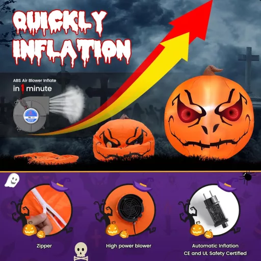 GlobaLink Halloween Nafukovacia Tekvicová Dekorácia 1,5m - s LED Osvetlením, Vonkajšia-Vnútorná Záhradná Dekorácia, Party Doplnok pre Deti