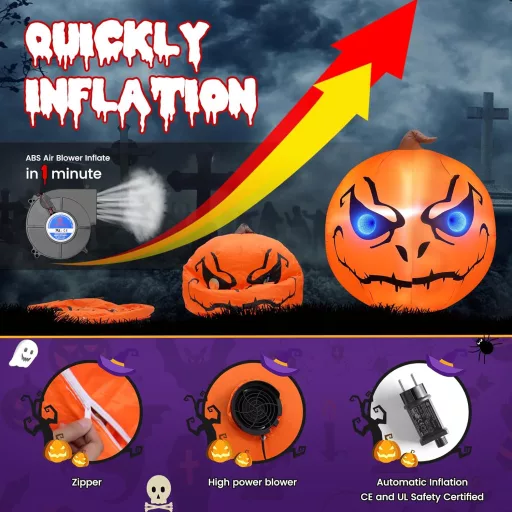 GlobaLink Decor de Halloween Gonflabil Dovleac 1,5m - Cu Iluminare LED, Ornament de Grădină Exterior-Interior, Articol de Petrecere pentru Copii