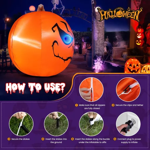 GlobaLink Decor de Halloween Gonflabil Dovleac 1,5m - Cu Iluminare LED, Ornament de Grădină Exterior-Interior, Articol de Petrecere pentru Copii