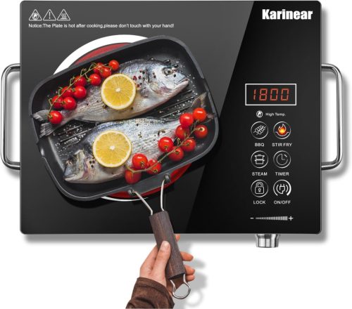 Plită ceramică portabilă Karinear cu mâner - Plită electrică cu o singură zonă, 2000W, cu temporizator, blocare pentru copii, 650°C, suprafață vitroceramică