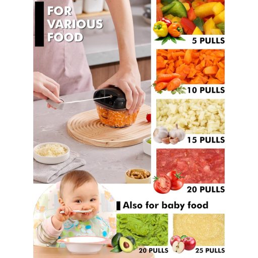 Geedel Krájač cibule 500ml Šnúrový sekáč zeleniny s nerezovými čepeľami Manuálny multifunkčný krájač na cibuľu, cesnak, orechy