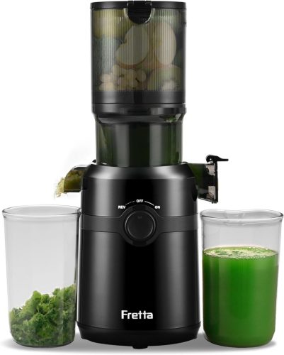 Fretta Slow Juicer 200W - Fekete gyümölcsprés 108mm-es adagolónyílással, egész gyümölcsökhöz, BPA-mentes Tritan anyagból, könnyen tisztíthat