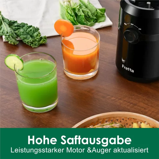 Fretta Slow Juicer 200W - Storcător de fructe negru cu orificiu de alimentare de 108mm, pentru fructe întregi, din Tritan fără BPA, ușor de curățat