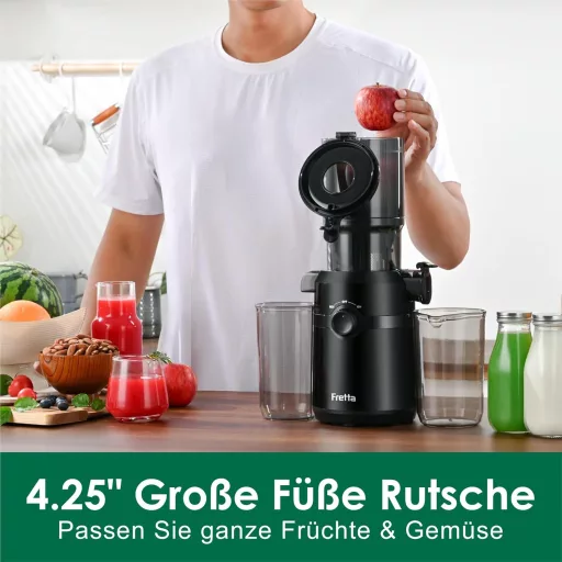 Fretta Slow Juicer 200W - Fekete gyümölcsprés 108mm-es adagolónyílással, egész gyümölcsökhöz, BPA-mentes Tritan anyagból, könnyen tisztíthat