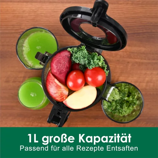 Fretta Slow Juicer 200W - Storcător de fructe negru cu orificiu de alimentare de 108mm, pentru fructe întregi, din Tritan fără BPA, ușor de curățat