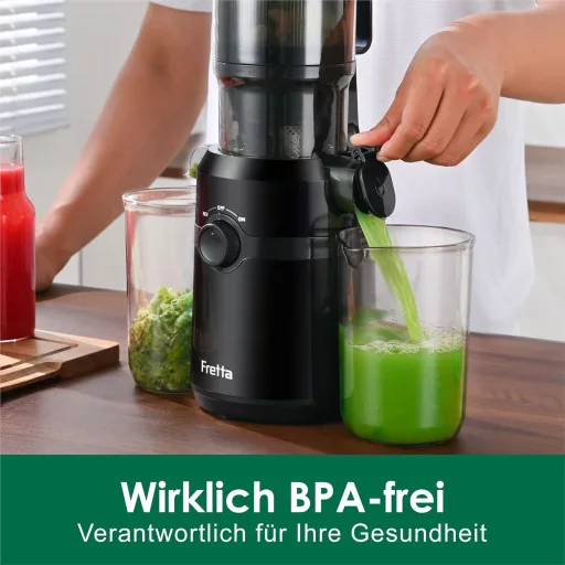 Fretta Slow Juicer 200W - Storcător de fructe negru cu orificiu de alimentare de 108mm, pentru fructe întregi, din Tritan fără BPA, ușor de curățat