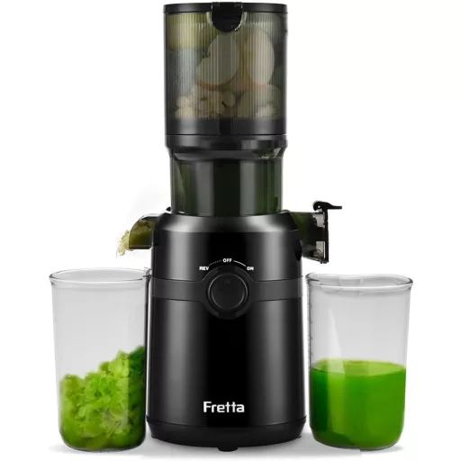 Fretta Slow Juicer 200W - Storcător de fructe negru cu orificiu de alimentare de 108mm, pentru fructe întregi, din Tritan fără BPA, ușor de curățat