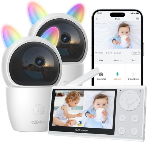 CZEview WiFi Babaőrző 2 Kamerával és Applikációval - 2K/4,3" Kijelző, 360° PTZ, Automatikus Követés, Éjjellátó, Sírás/Mozgásérzékelő, Hőmérő