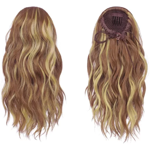 FESHFEN Extensie de păr coadă de cal, ondulată, șaten-blond, sintetică, 30 cm