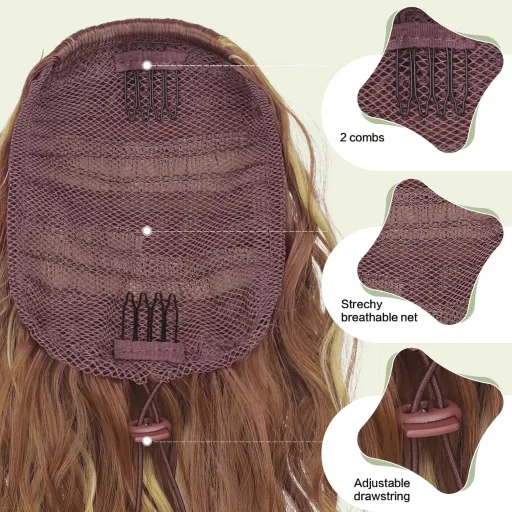 FESHFEN Extensie de păr coadă de cal, ondulată, șaten-blond, sintetică, 30 cm