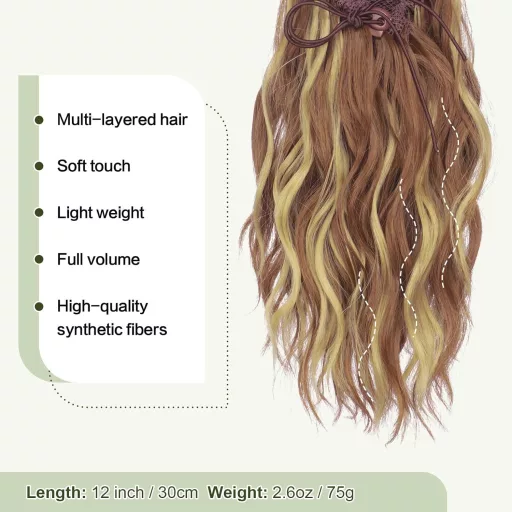 FESHFEN Extensie de păr coadă de cal, ondulată, șaten-blond, sintetică, 30 cm