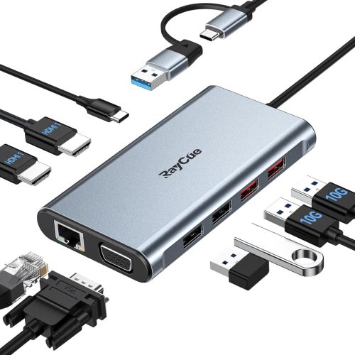 RayCue Docking USB-C/USB-A 9 în 1, cu suport pentru monitor dublu/triplu, 2 HDMI, VGA, USB 3.1 10Gbps, Gigabit Ethernet, MacBook și Windows