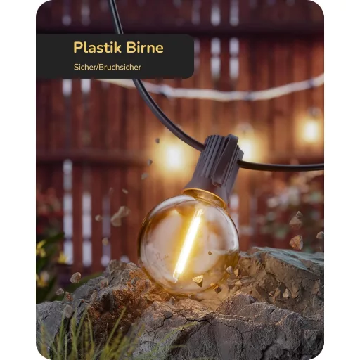 EDISHINE Kültéri Fényfüzér 15m - G40 LED Izzók, IP44 Vízálló, Törhetetlen Égők, Kerti Világítás