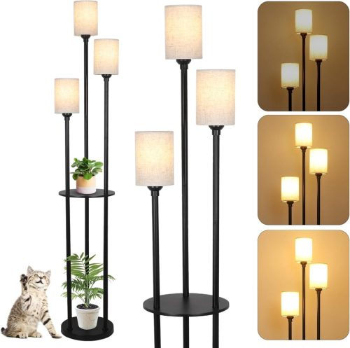 Lampadar Modern Rayofly cu Trei Becuri - Dimabil, Abajur din In, cu Raft și Comutator la Picior - Living, Dormitor, Birou, Negru