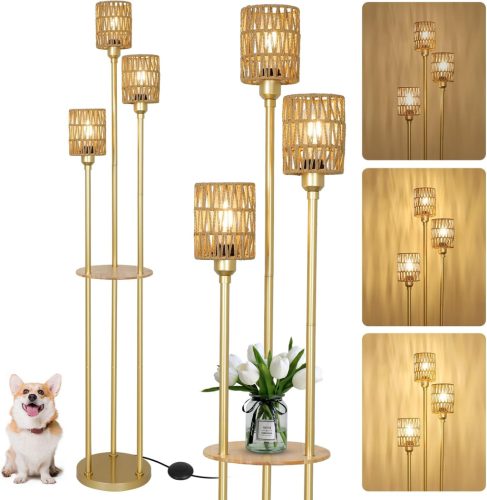 Lampadar Rayofly Modern Boho cu 3 Becuri - Abajur din Rattan, Raft și Comutator de Picior cu Trei Trepte - Perfect pentru Dormitor, Birou, Living