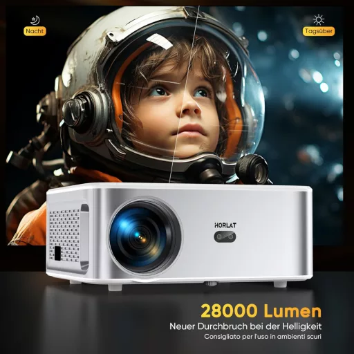 HORLAT 28000 Lumen 4K Projektor - WiFi 6, Bluetooth 5.2, Automatikus Keystone Korrekció, 50% Zoom, Android TV Rendszer, Otthoni Mozi és Okos