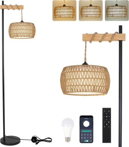 Lampadar Vintage Rayofly cu Telecomandă - Lampă de podea Boho cu Abajur din Bambus și Bec LED, Control prin Aplicație, Negru, pentru Living și Dormitor