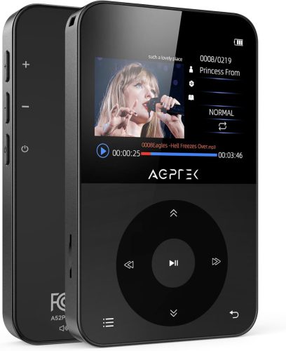 AGPTEK 64GB MP3 Player Bluetooth 5.3 - Cu ecran color de 2,3", Căști, Extensibil până la 128GB, Radio FM, Pedometru, 750mAh, Negru
