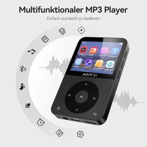 AGPTEK 64GB MP3 Lejátszó Bluetooth 5.3 - 2,3" Színes Kijelzővel, Fejhallgatóval, 128GB Bővíthető, FM Rádió, Lépésszámláló, 750mAh, Fekete