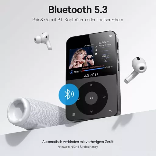 AGPTEK 64GB MP3 Lejátszó Bluetooth 5.3 - 2,3" Színes Kijelzővel, Fejhallgatóval, 128GB Bővíthető, FM Rádió, Lépésszámláló, 750mAh, Fekete