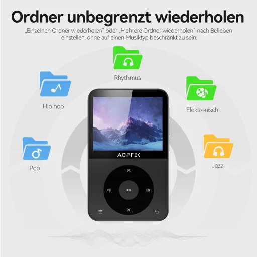 AGPTEK 64GB MP3 Lejátszó Bluetooth 5.3 - 2,3" Színes Kijelzővel, Fejhallgatóval, 128GB Bővíthető, FM Rádió, Lépésszámláló, 750mAh, Fekete