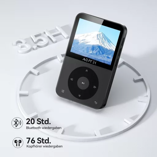 AGPTEK 64GB MP3 Lejátszó Bluetooth 5.3 - 2,3" Színes Kijelzővel, Fejhallgatóval, 128GB Bővíthető, FM Rádió, Lépésszámláló, 750mAh, Fekete