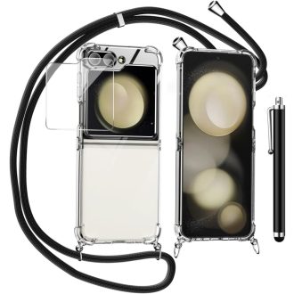   Puzdro na telefón Samsung Galaxy Z Flip 6 s remienkom na krk - Priehľadné silikónové ochranné puzdro s odnímateľným čiernym popruhom a ochranou displeja