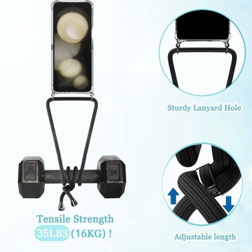 Puzdro na telefón Samsung Galaxy Z Flip 6 s remienkom na krk - Priehľadné silikónové ochranné puzdro s odnímateľným čiernym popruhom a ochranou displeja