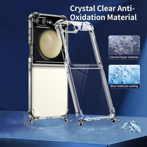 TTSWJBD Futrola za mobitel sa uzicom za Samsung Galaxy Z Flip 6 - prozirna silikonska zaštitna maska s odvojivom crnom uzicom i zaštitnim staklom za ekran