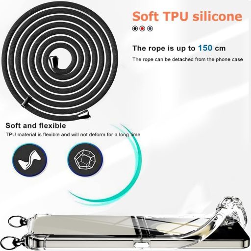 TTSWJBD Futrola za mobitel sa uzicom za Samsung Galaxy Z Flip 6 - prozirna silikonska zaštitna maska s odvojivom crnom uzicom i zaštitnim staklom za ekran