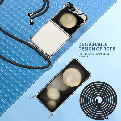 TTSWJBD Futrola za mobitel sa uzicom za Samsung Galaxy Z Flip 6 - prozirna silikonska zaštitna maska s odvojivom crnom uzicom i zaštitnim staklom za ekran