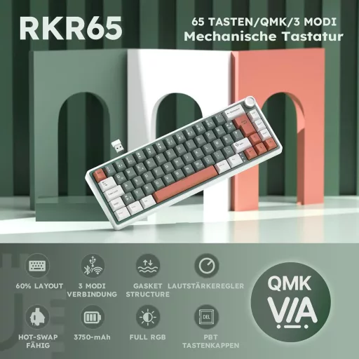 RK ROYAL KLUDGE R65 Gaming Tipkovnica 60% Raspored, Bežična Bluetooth/2.4G/USB-C, RGB Pozadinsko Osvjetljenje, Hot-Swap Creamy Prekidači,