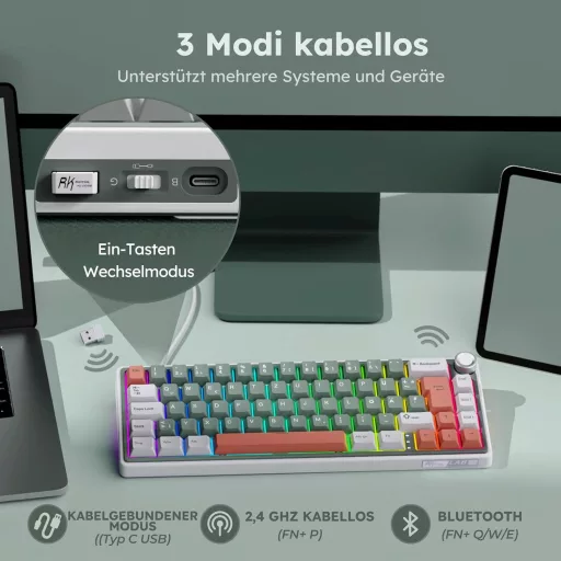 RK ROYAL KLUDGE R65 Gaming Tipkovnica 60% Raspored, Bežična Bluetooth/2.4G/USB-C, RGB Pozadinsko Osvjetljenje, Hot-Swap Creamy Prekidači,