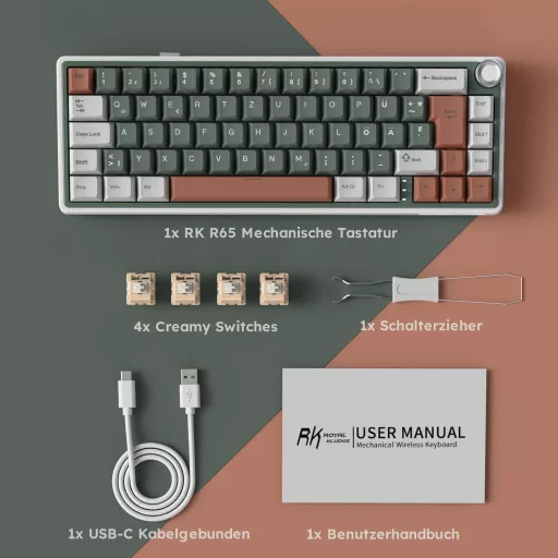 RK ROYAL KLUDGE R65 Gaming Tipkovnica 60% Raspored, Bežična Bluetooth/2.4G/USB-C, RGB Pozadinsko Osvjetljenje, Hot-Swap Creamy Prekidači,