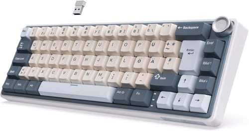 Tastatură mecanică RK ROYAL KLUDGE R65 Cream Switch - Tastatură wireless Bluetooth pentru gaming, culoare albastră, cu baterie de 3750 mAh