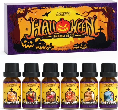 Salubrito Halloween Illóolaj Készlet - 6 Őszi Aroma Diffúzorba: Tökös Süti, Fűszeres Almabor, Karamellás Alma, Csemege Kukorica, Boszorkány 