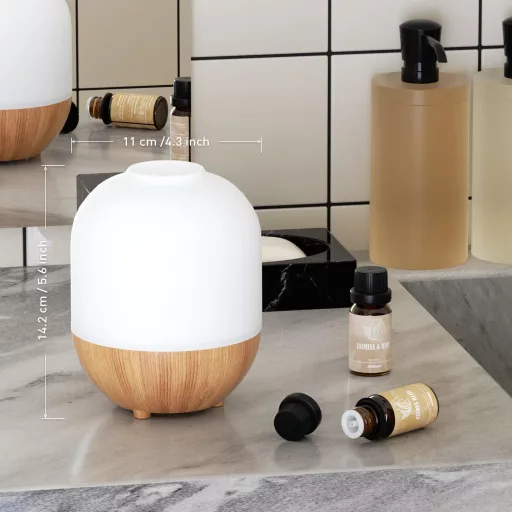 SALUBRITO Aroma Difuzor 100ml - Ultrazvučni Raspršivač Eteričnih Ulja s Uzorkom Drveta - Kompaktni Aromaterapijski Uređaj za Dom, Ured - Poklon