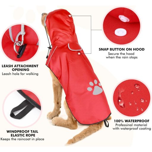 BiPawTi Vízálló Kutyaesőkabát Közepes Méret - Reflektoros Kapucnis Kutyakabát Piros