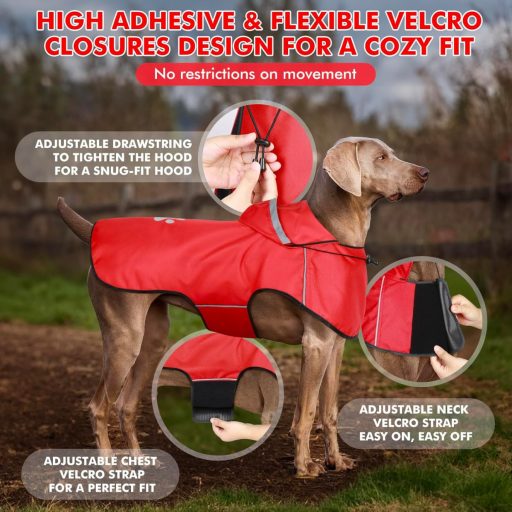 BiPawTi Vízálló Kutyaesőkabát Közepes Méret - Reflektoros Kapucnis Kutyakabát Piros