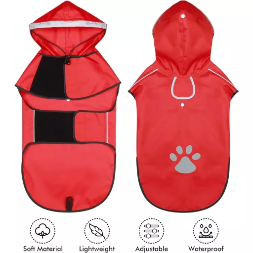 Nepremokavý pršiplášť pre psov BiPawTi, stredná veľkosť – reflexný pršiplášť s kapucňou, červený