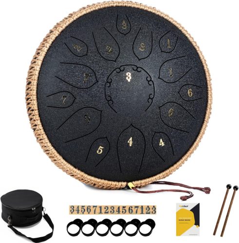 MeloBeat Tongue Drum 12" 15 Note în Re major, Handpan din Oțel - Instrument de Percuție Profesional cu Culegere de Cântece, Bățoane și Geantă de Transport (Negru)