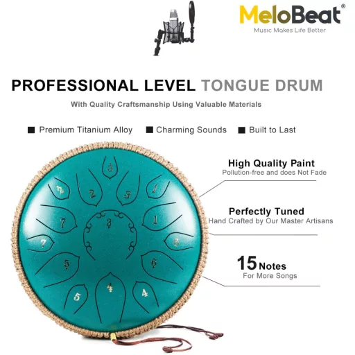 MeloBeat 12 Inch Nyelvdobo 15 Hangos D Major Zold Handpan Szett