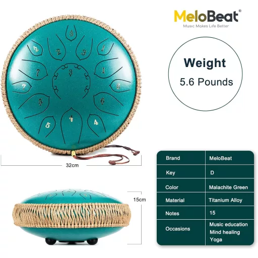MeloBeat 12 Inch Nyelvdobo 15 Hangos D Major Zold Handpan Szett