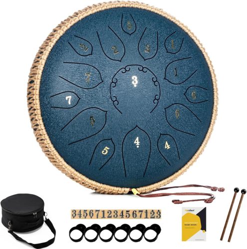 MeloBeat Tongue Drum 12" - 15 Hangú Professzionális Acél Handpan D-dúrban, Dalkönyvvel, Ütőkkel és Hordtáskával (Sötétkék)