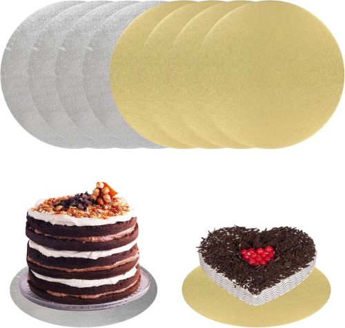Helweet Tortaalátét Szett - 8 db Kerek Arany és Ezüst Karton Tortalap 20,3 cm - Csúszásgátló Textúrával Süteményekhez, Tortákhoz és Pizzához