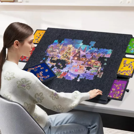 Lavievert Összecsukható Puzzle Tábla 2-in-1 Állvánnyal, Dönthető Kirakós Asztal 6 Fiókkal, Filc Felülettel, Hordozható Puzzle Tároló 2000 Da
